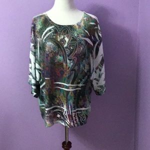 Women’s Plus 3X Saint Tropez West Womens Blouse Round Neck Paisley Multicolor SS